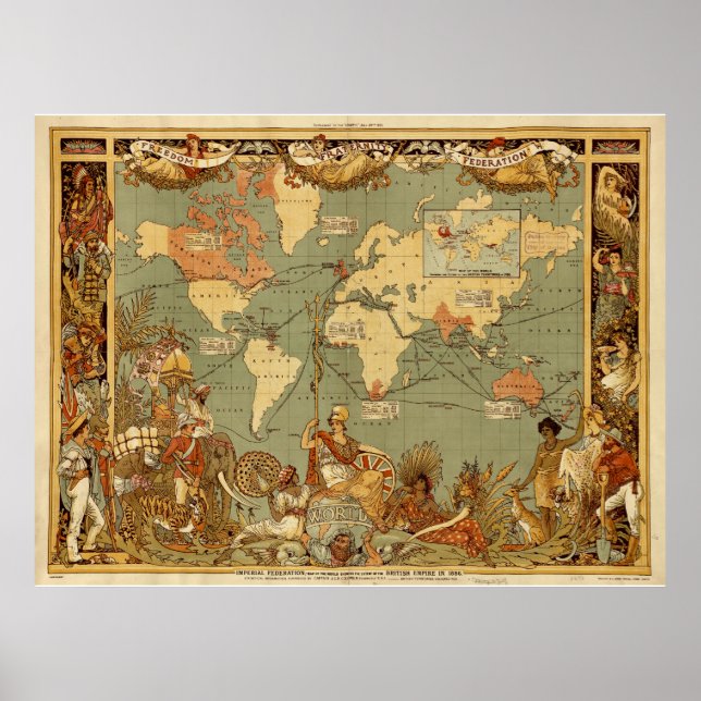 World Map Antique 1886 Illustrated Poster (Front)