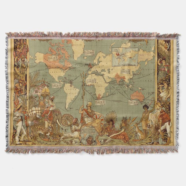 World Map Antique 1886 Illustrated Throw Blanket (Front)
