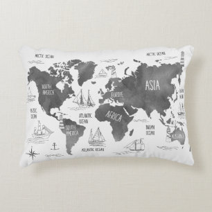 World Map Art Black White Nautical Accent Pillow