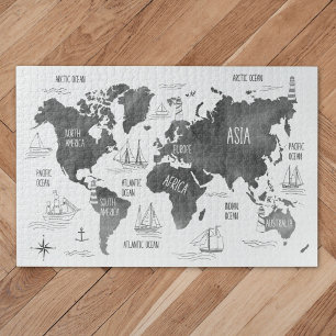 World Map Art Black White Nautical Jigsaw Puzzle