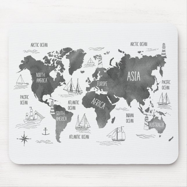 World Map Art Black White Nautical Mouse Pad (Front)