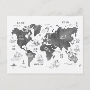 World Map Art Black White Nautical Postcard