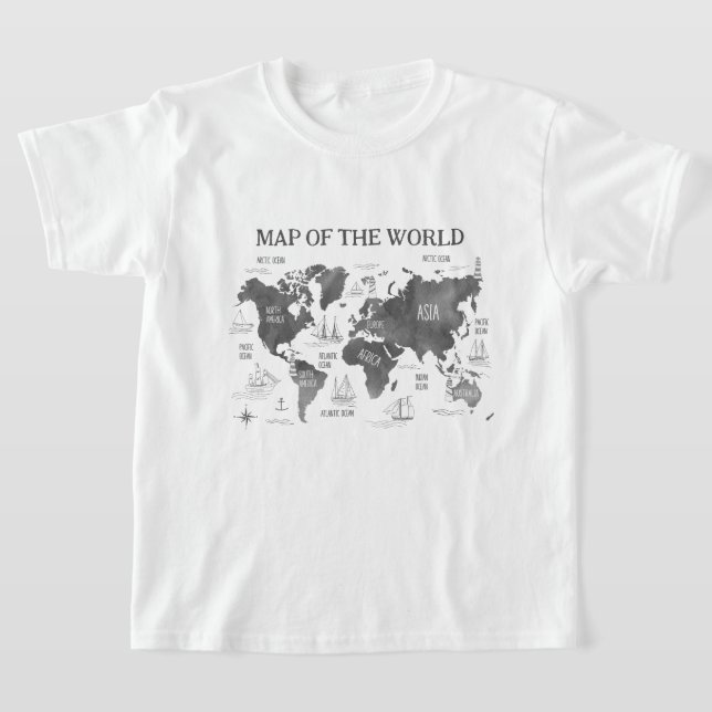 World Map Art Black White Nautical T-Shirt (Laydown)