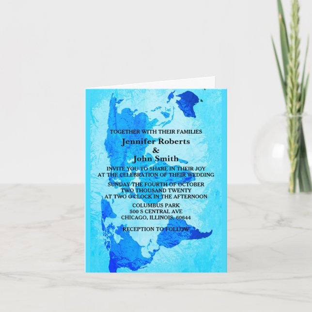 World Map Blue Abstract Bright Colorful Wedding  Invitation (Front)