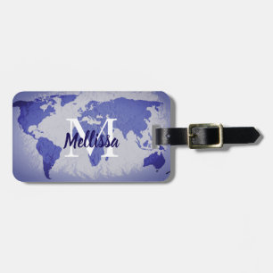 World Map Blue Artsy Monogram Name Gift Favor Luggage Tag