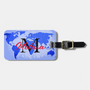 World Map Blue Monograms Traveller Custom Name Luggage Tag