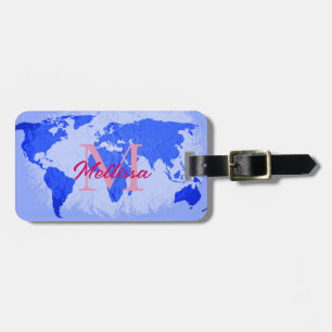 World Map Blue Pink Monograms Traveller Name Gift Luggage Tag