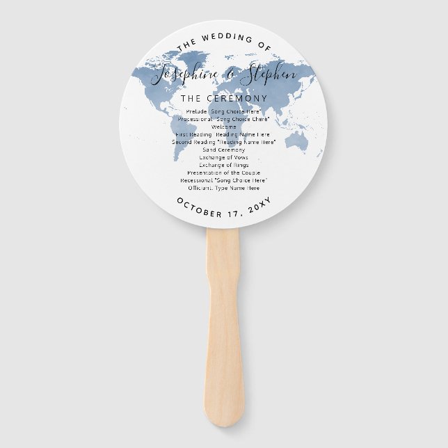 World Map Blue Travel Theme Wedding Program Fan (Front)