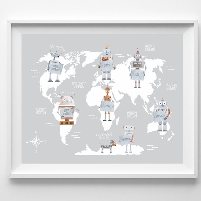 World Map Boys Print, Robot Art Kids Room Poster (Creator Uploaded)