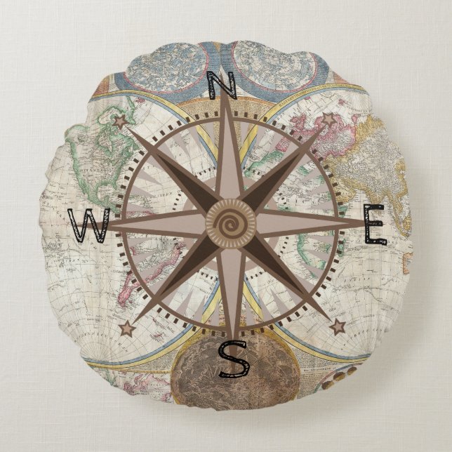 World Map Compass Rose Round Pillow (Front)