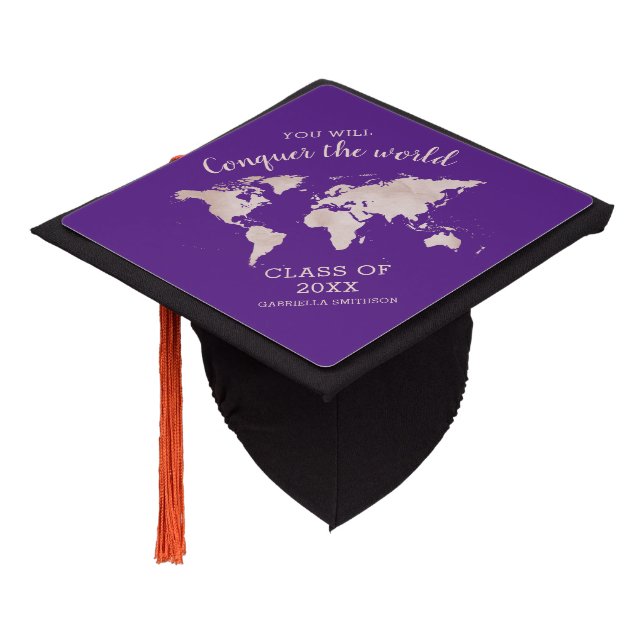 World Map Conquer the World Inspirational Tassel Graduation Cap Topper (Angled)