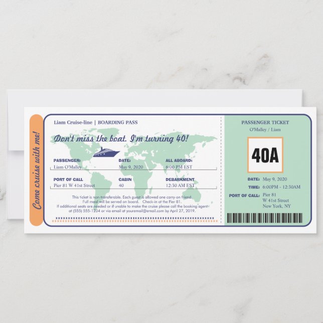 World Map Cruise Birthday Boarding Pass Ticket Invitation (Front)