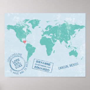 World Map + Custom Passport Stamps Guest Signature Poster
