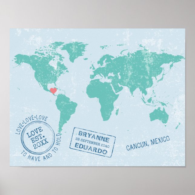 World Map + Custom Passport Stamps Guest Signature Poster (Front)