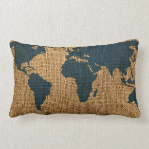 World Map Deep Sea Blue Lumbar Pillow