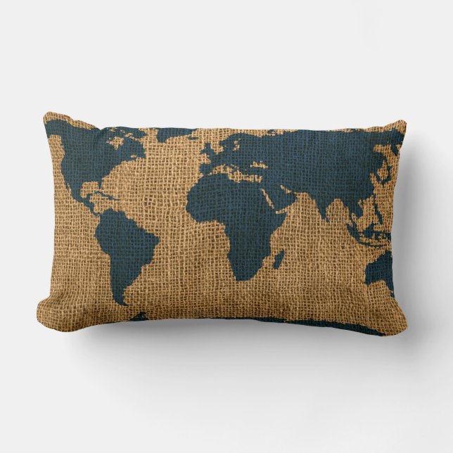 World Map Deep Sea Blue Lumbar Pillow (Front)