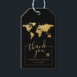 World Map Destination Wedding Favour Black Gold  Gift Tags<br><div class="desc">Black and Gold foilworld map (printed effect,  not real foil) favour tag with moveable heart and a romantic airplane icon and custom message and colours on the back is perfect for a travel theme reception or destination wedding guest welcome bag tag.</div>