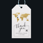 World Map Destination Wedding Favour Luggage Shape Gift Tags<br><div class="desc">Gold foil effect world map (printed effect,  not real foil) favour tag with moveable heart and a romantic airplane icon and custom message and colours on the back is perfect for a travel theme reception or destination wedding guest welcome bag tag.</div>