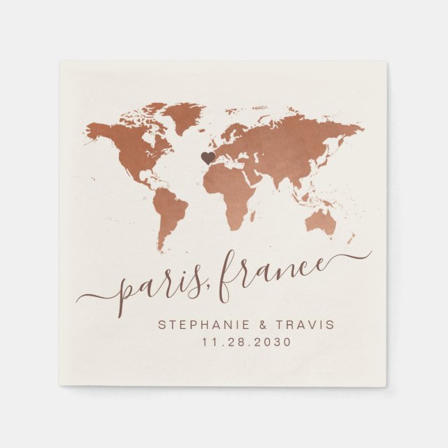 World Map Destination Wedding Rust Copper Napkin (Front)