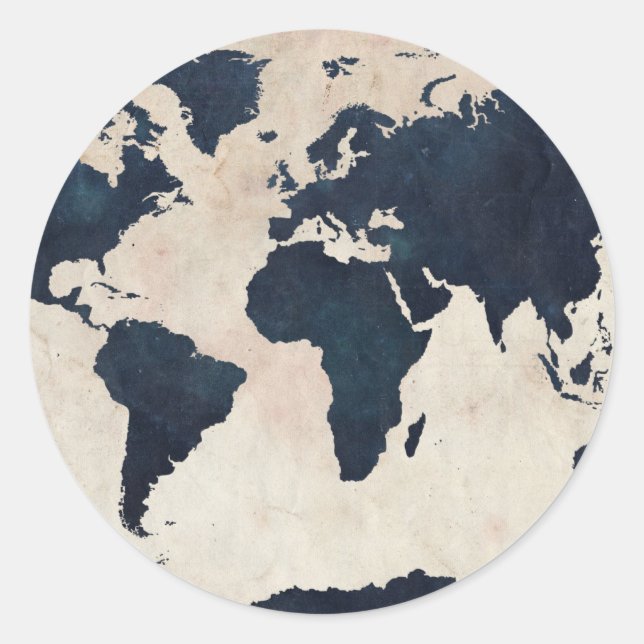 World Map Distressed Navy Classic Round Sticker (Front)