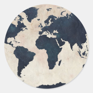 World Map Distressed Navy Classic Round Sticker