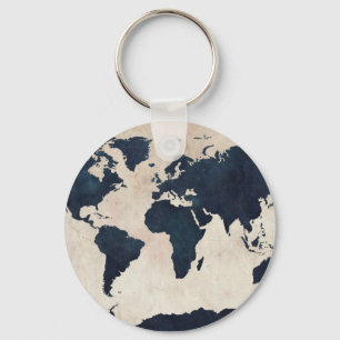 World Map Distressed Navy Keychain