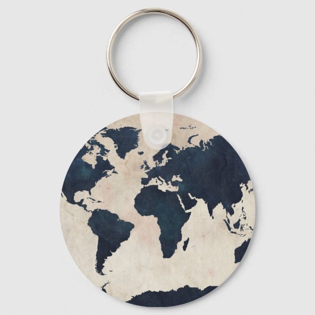 World Map Distressed Navy Keychain (Front)