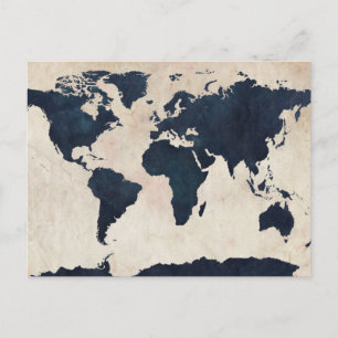 World Map Distressed Navy Postcard