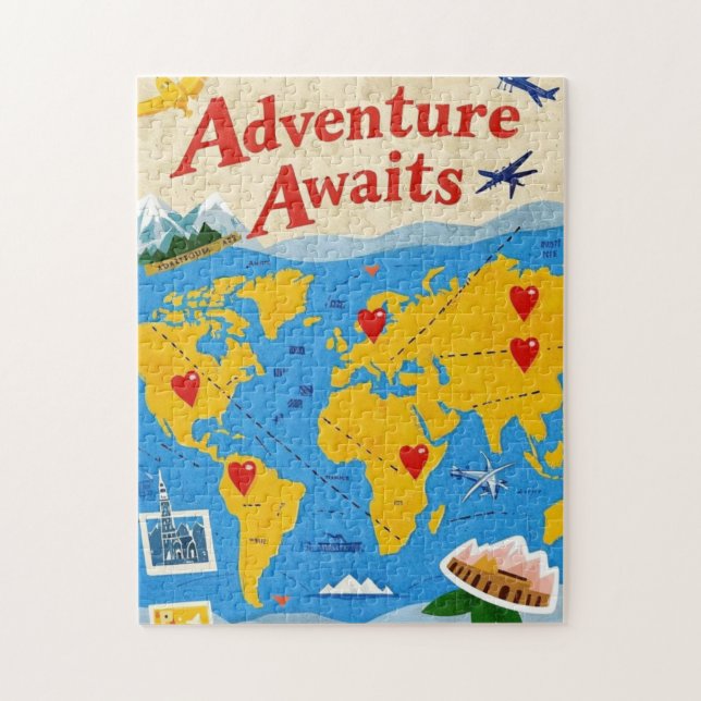 World map dotted with heart pins and landmarks jigsaw puzzle (Vertical)