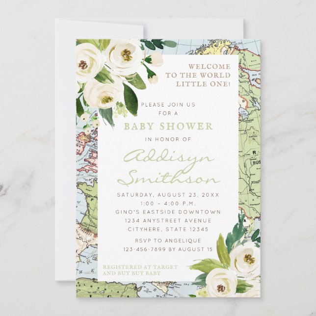 World Map Floral Border Gender Neutral Baby Shower Invitation (Front)