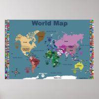 World Map For Kids - Blue with Flags