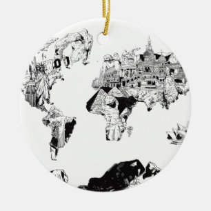 world map galaxy black and white 3 ceramic ornament