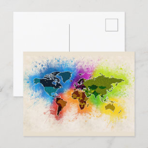World Map Geography Watercolor Travel Vacation Art Postcard
