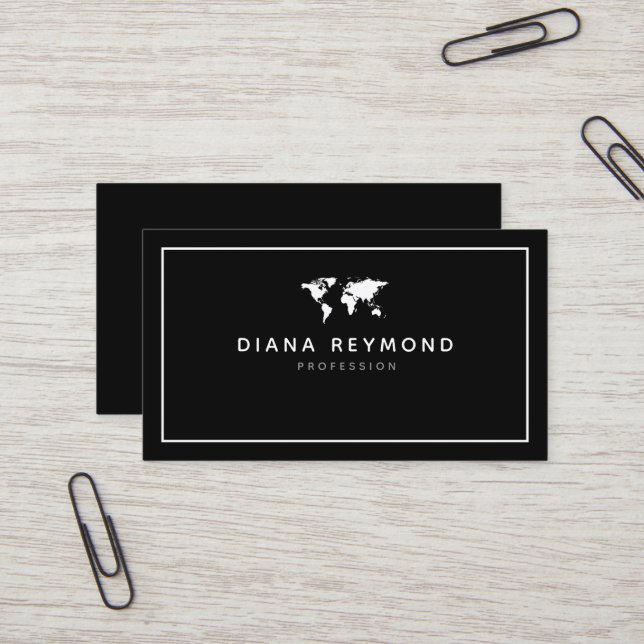 World Map Global Modern black Business Card (Front/Back In Situ)