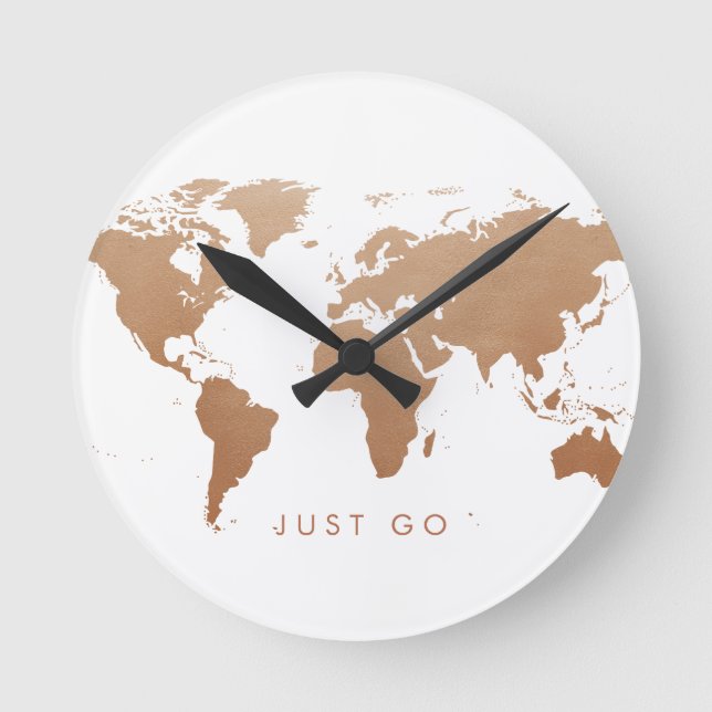 World Map Globe Copper Round Clock (Front)