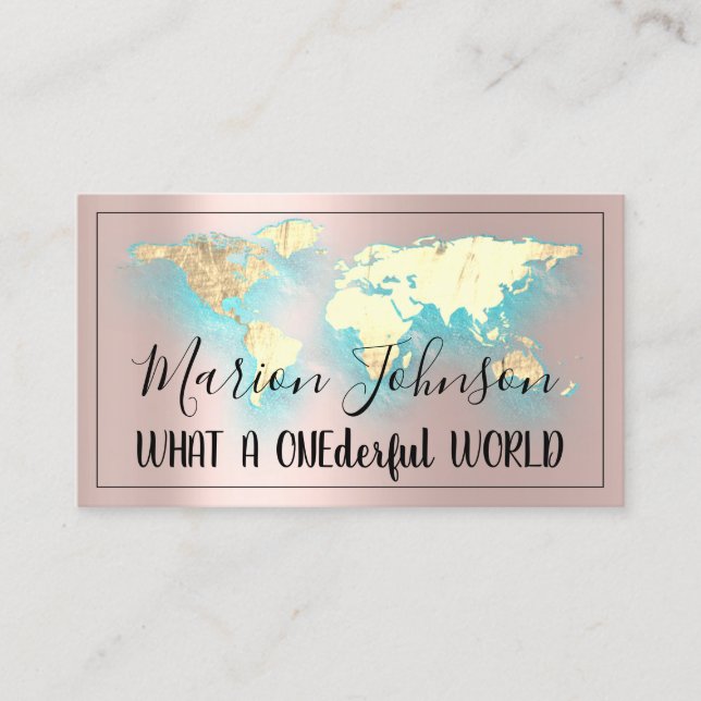 World Map Globe Map Travel Agency Rose Gold Logo  Business Card (Front)