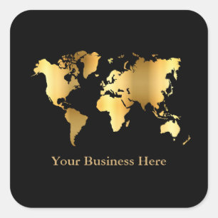World Map Gold/Black Square Sticker