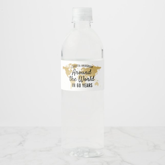World Map Gold Travel Theme Around the World Water Bottle Label (Front)