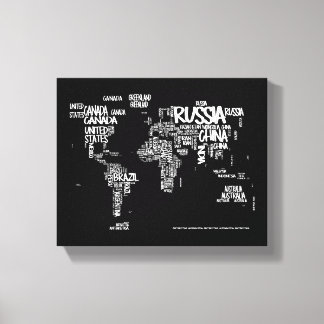 World Map Handwritten Typography, Black and White Canvas Print