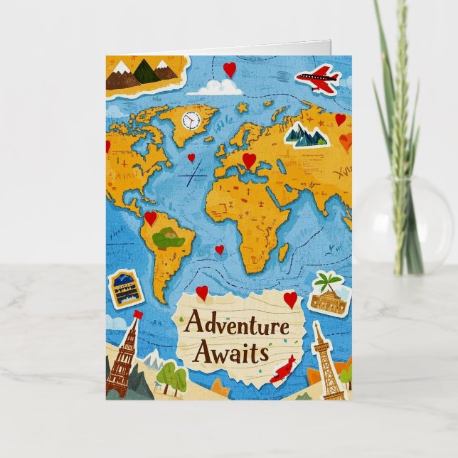 World Map Heart Pins Adventure Awaits  Foil Greeting Card (Front)