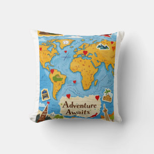 World Map Heart Pins Adventure Awaits Throw Pillow
