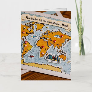 World map heart pins and landmarks foil greeting card