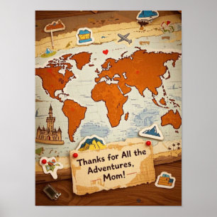World map heart pins and landmarks poster