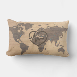 World Map Heartbeat woodgrain Lumbar Pillow