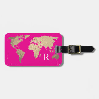 World Map Hot Pink Gold Monogram Initial Name Luggage Tag