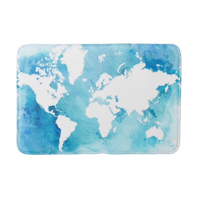 World Map In Watercolor Blues Bath Mat (Front)