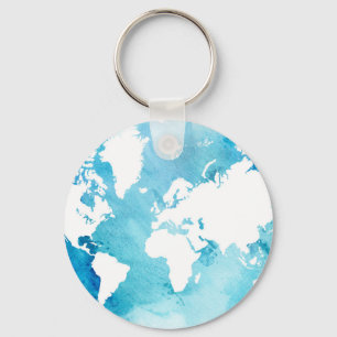 World Map In Watercolor Blues Keychain