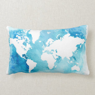 World Map In Watercolor Blues Lumbar Pillow