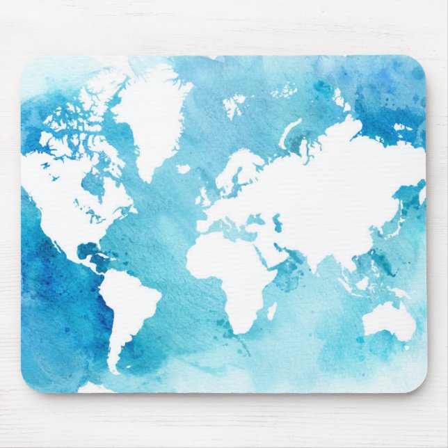 World Map In Watercolor Blues Mouse Pad (Front)