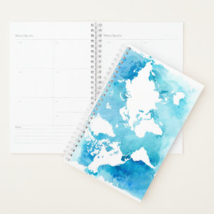 World Map In Watercolor Blues Planner